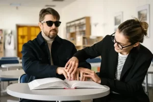 A blind man is receiving braille reading help from a caregiver at leading NDIS service provider.